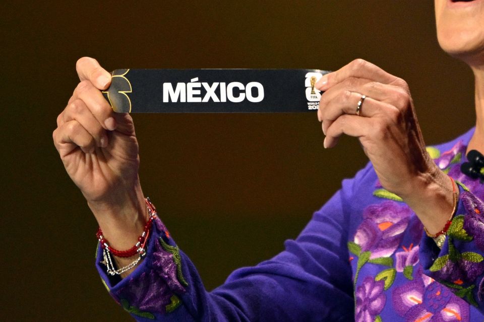 Mexico's President Claudia Sheinbaum draws Mexico during the World Cup 2026 draw at the John F Kennedy Center for the Performing Arts, Washington, DC